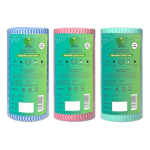 Image of BENKO Non Woven Washable & Reusable Kitchen Towel Roll | Ultra Absorbent, Quick Dry & Odour Resistant Kitchen Cloth | Multipurpose Kitchen Use | 80 Pulls per Roll, 240 Sheets Pack of 3