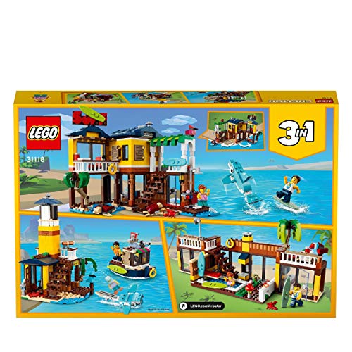 LEGO 31118 Creator 3en1 Casa Surfera en la Playa, Barco o Avión Biplano, Juguete de Construcción con Animales para Niños y Niñas de 7 Años o Más