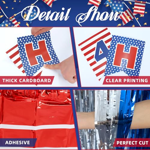 Image of 4th of July Patriotic Decorations, Red White Blue Decorations, 3 Pack Tinsel Foil Fringe Curtains, Banner for Patriotic Party Indoor Outdoor
