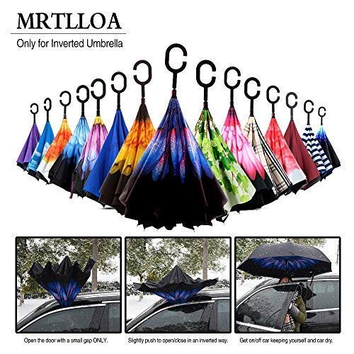 MRTLLOA Double Layer Inverted Umbrella with C-Shaped Handle, Anti-UV Waterproof Windproof Straight Umbrella for Car Rain Outdoor Use(Blue flowers) - Thumbnail 5