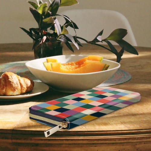 Image of Women's Wallets Credit Card Holder Money Leather Long Wallet | Long wallet with Wristlet,Large Capacity with Zip-Around Phone Purse for Women Ladies Girls,Colorful Retro Checkerboard