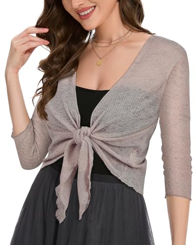 Image of Women Crop Cardigan Sheer Mesh Bolero Shrug for Dress Tie Front 3 /4 Sleeve Tops