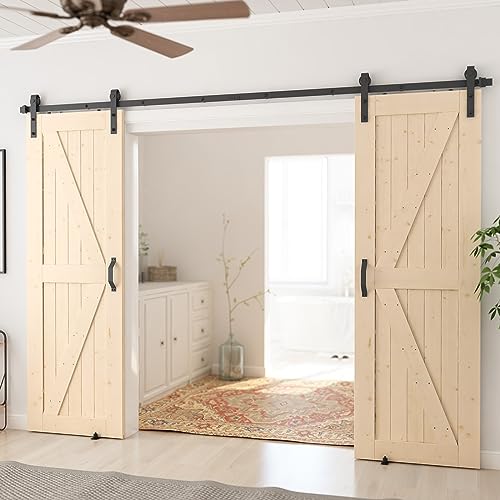 Image of SmartStandard 28in x 80in Sliding Barn Wood Door Pre-Drilled Ready to Assemble, DIY Unfinished Solid Spruce Wood Panelled Slab, Interior Single Door Only, Natural, K-Frame (Fit 5FT Rail)