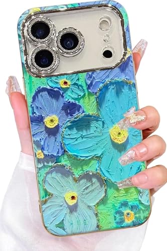 Image of Elzzi Compatible with iPhone 17 Pro Case Oil Painting Flower Colorful with Lens Prtotection Shockproof PC+TPU Glossy Back Cover for Girls Women, Green
