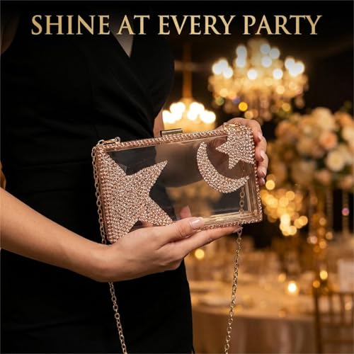 Image of Ladies Clear Acrylic Moon and Star Rhinestone Chain Bag Sparkly Transparant Clutch Purse for Women Evening