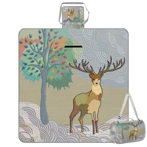Shimoshe Picnic Blankets 57”x 59”, Tree Mermaid Scaled Deer Waterproof Sandproof Picnic Mat Lightweight Foldable Beach Blanket for Camping Park Grass Beach Outdoor Blanket