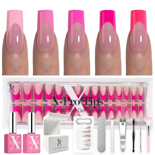 SXC Cosmetics French Tip Press On Nails 5 Pink Series Medium Square X-Pro Tips Starter Kit | 150PCS 15 Sizes 5 Styles Beginner-Friendly
