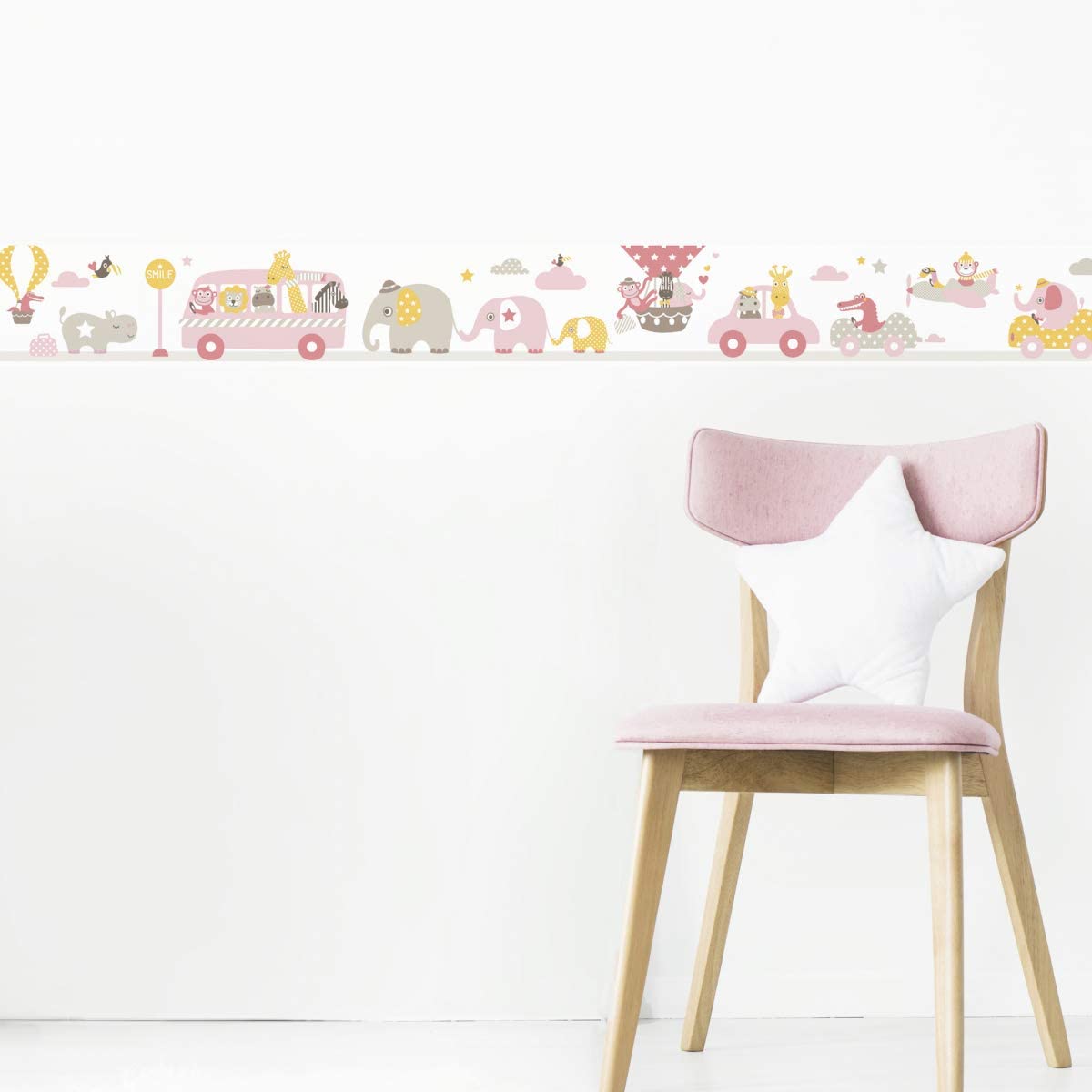 bordo autoadesivo, 450 x 11,5 cm, con motivo di escursione degli animali, rosa/beige/giallo