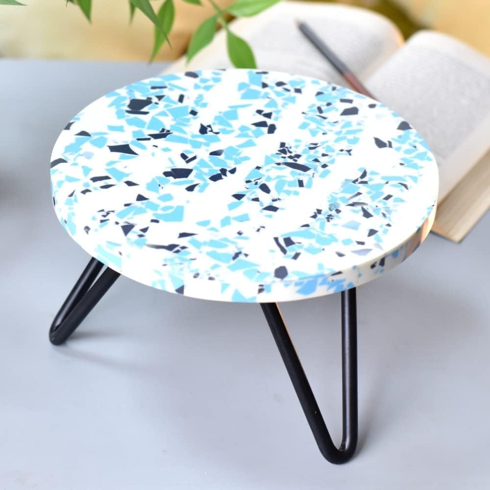 Indian Shelf Wedding Cake Stands | Wooden and Resin Fruit Dessert Cheese Reusable Serving Stand | Terrazzo Plant Holders Indoor Stand [White & Blue, 1 Pack]