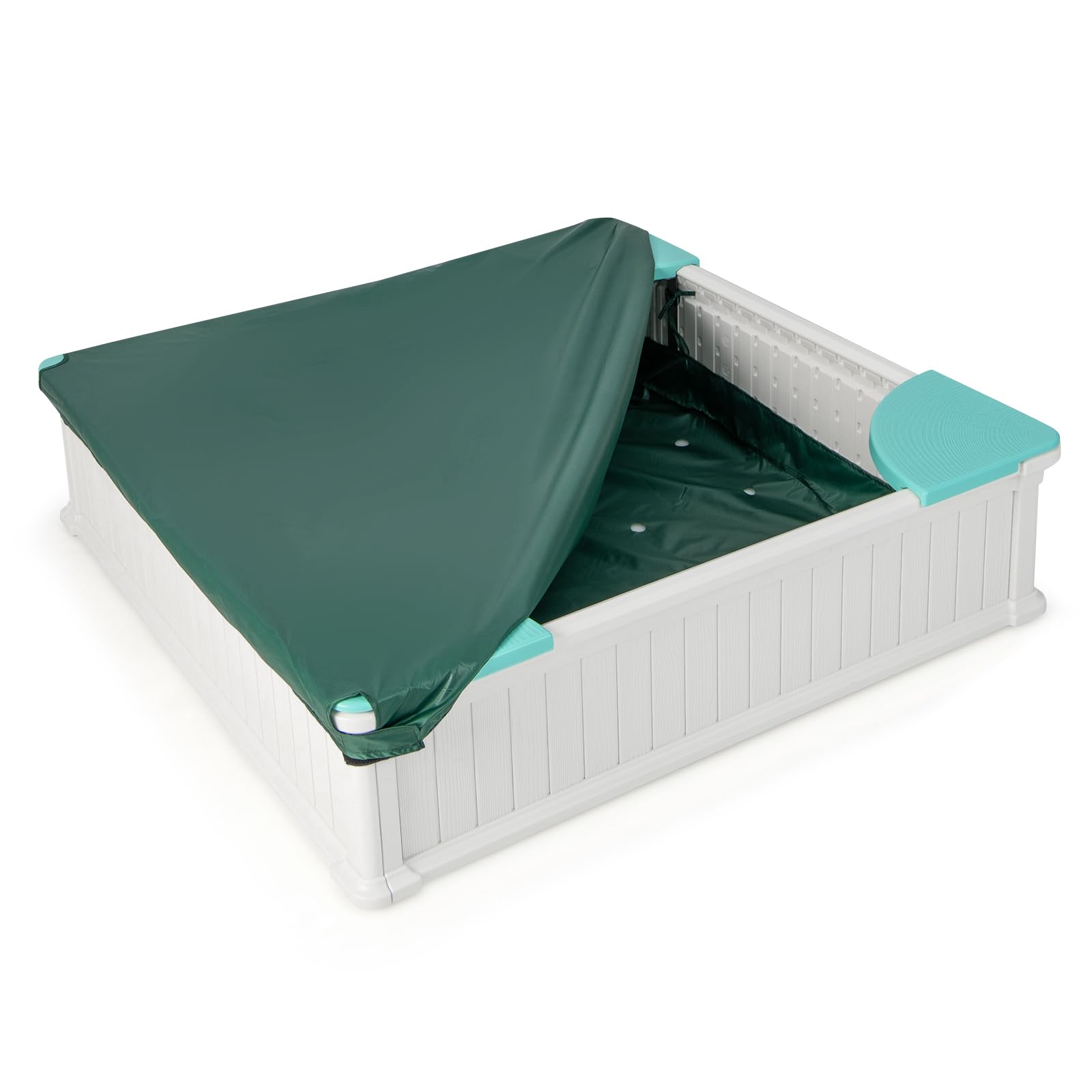 COSTWAY Bac à Sable Enfant Extérieur en HDPE avec 4 Bancs, Bac à Sable avec Couvercle en Tissu et Doublure, Charge 50kg de Chaque Banc, Jeux Extérieur pour Jardin Terrasse Cour, 3 Ans+ (Blanc)