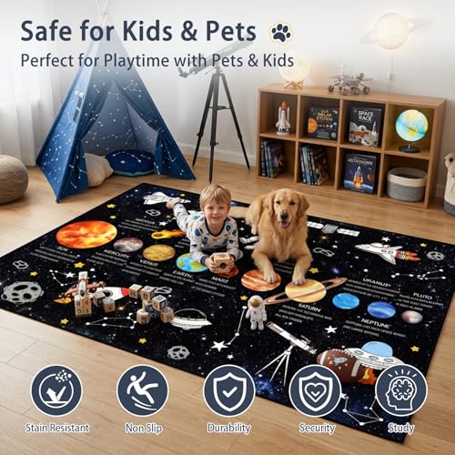 Bildenly 5x7 Ft Outer Space Kids Rug for Boys Room, Playroom, Classroom, Educational Non-Slip Planet Rug for Leaning Solar System, Washable & Soft Galaxy Star Rug - Faux Wool - Image 3