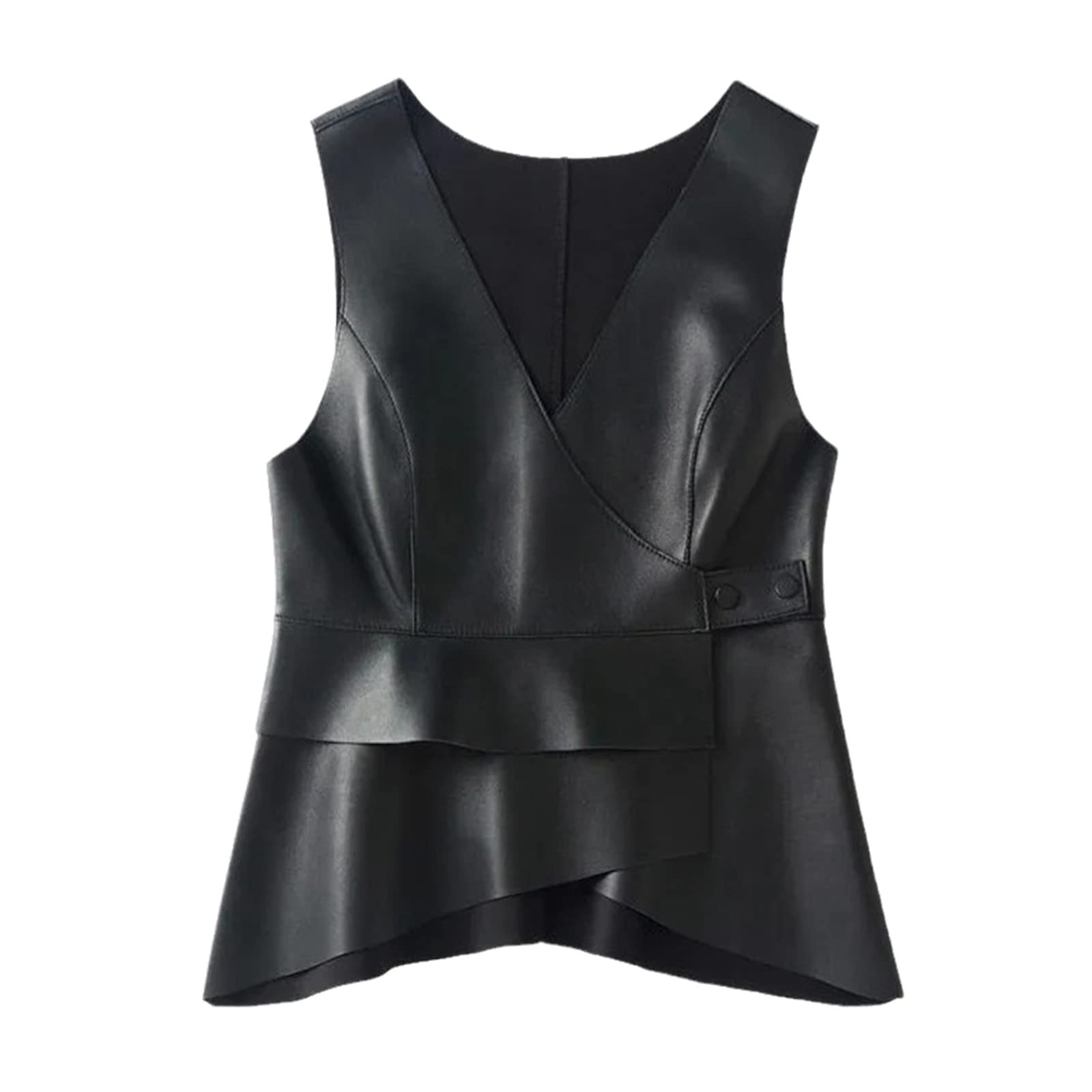 Kelsiop Fashion Womens Vest Spring And Summer Black Irregular Leather Vest Short V-Neck Vest Stitching Casual Top