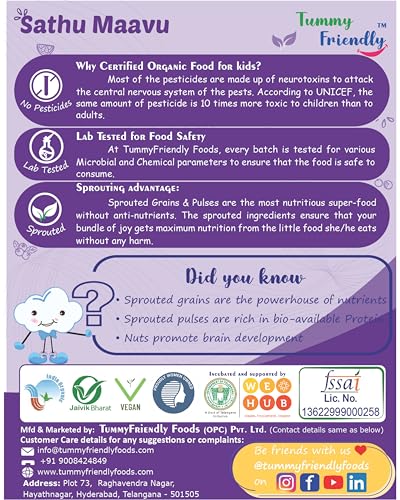 Image of TummyFriendly Foods Certified Organic Sprouted Sathu Maavu Porridge Mix. Made of Sprouted Ragi, Whole Grains, Pulses & Nuts. Organic Baby Food For 8+ Months Baby. Shelf-life 9 month-200g, 2 Packs