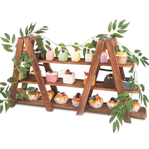 Wisreach Wooden 3-Tier Cupcake Stand with Removable Trays & Vine Decoration — Foldable Party Display Serving Ladder with Platter for Cake, Snacks, Fruits, Chips, Bread