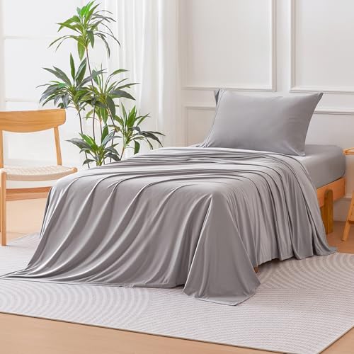Image of Amazon Basics Jersey Knit 3-Piece Sheet Set, Wrinkle Free and Easy Fit, Includes 16 inch Deep Pocket Fitted Sheet, 1 Flat Sheet and 1 Pillowcase, Twin, Gray
