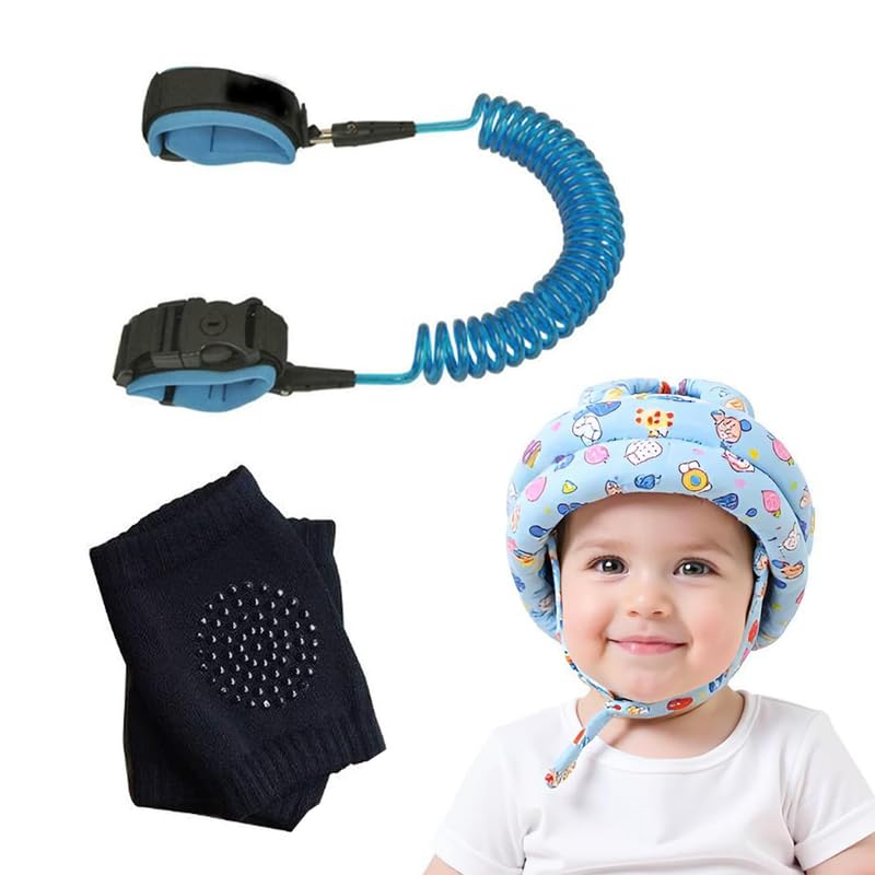 Image of Safe-O-Kid Toddler Outdoor Safety Combo | 1 Pair Knee Pads, 1 Child Anti Lost Wrist Link & 1 Cotton Safety Helmet | Outdoor Protection Kit for Crawling, Walking & Travel - Assorted