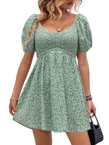 Image of Womens Babydoll Dress 2026 Summer Casual Puff Sleeve V Neck Cute Boho Smocked Flowy Short Sundress Beach Mini Dresses