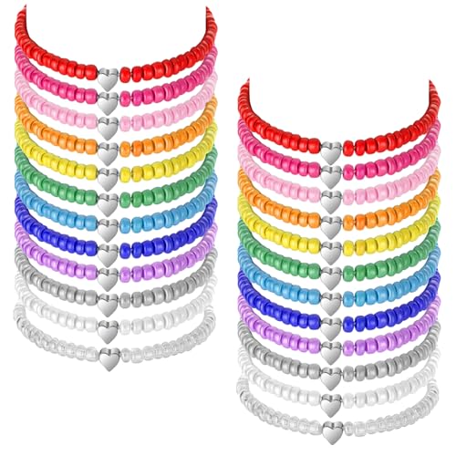 Sureio 24 Pcs Colorful Friendship Heart Bracelets Surfer Stretch Rainbow Beaded Kids valentines Bracelet for Girls Women Back to School Tween Girl Party Favors