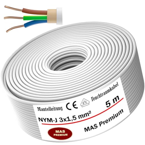 MAS Premium Feuchtraumkabel Stromkabel 5-200m Mantelleitung NYM-J 3x1, 5 2,5 4 6 10 oder 5x1,5 2,5 4 6 10 16 Elektrokabel für feste Verlegung (NYM-J 3x1, 5 mm², 5m)