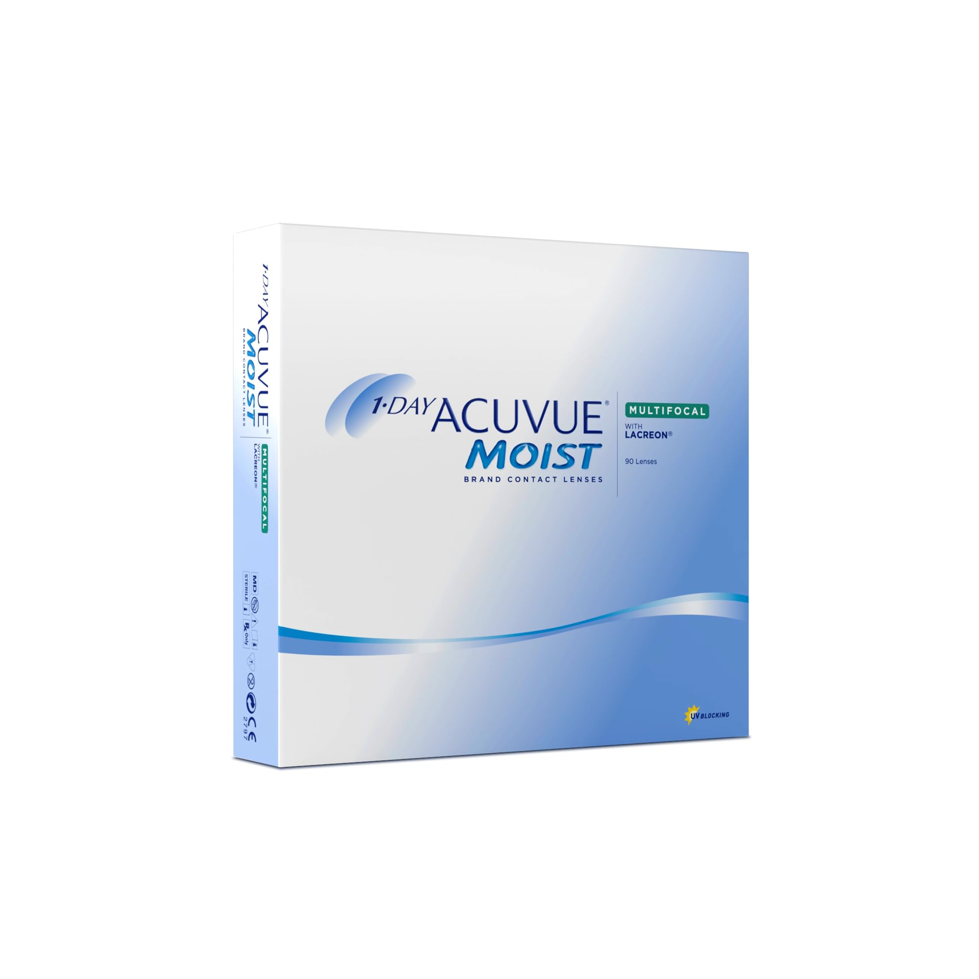 ACUVUE MOIST 1-DAY Multifocal Tageskontaktlinsen spenden Feuchtigkeit – Tageskontaktlinsen mit -9.00 dpt, Add. Hoch und BC 8.4 – UV Schutz & Komfortables Tragegefühl – 90 Linsen