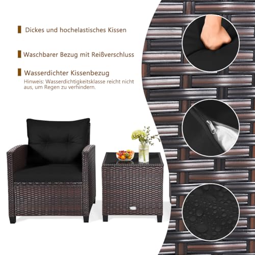 GIANTEX Rattan Gartenmöbel Set, Balkonmöbel Kleiner Balkon, Lounge Gartenmöbel Set, Balkon Möbel für 2 Personen, Gartenlounge Set 2 Sessel & Tisch, 3 tlg. Gartensitzgruppe inkl. Sitz- und Rückenkissen – Bild 4