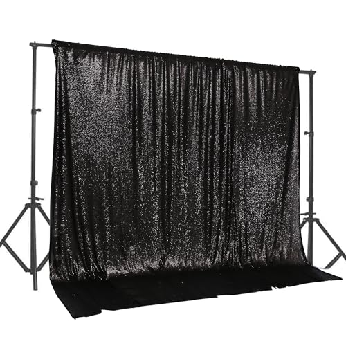 Image of PartyDelight Black Sequin Backdrop 20x10ft Sparkly Photo Curtain | 4 Inch Rod Pocket and stitched 3mm sequins create panoramic stage coverage for Halloween and black tie events