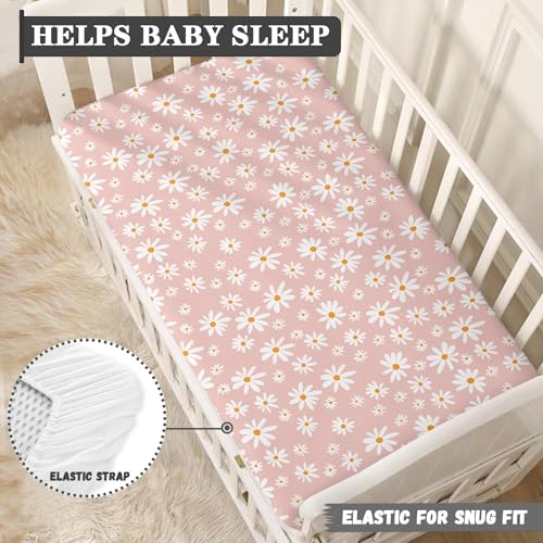 Image of Daisy Fitted Crib Sheet White and Yellow Flowers Camomile Standard Crib Mattress Fitted Sheet Pink Baby Toddler Bed Mattress Sheets for Girls 28 inchx52 inch