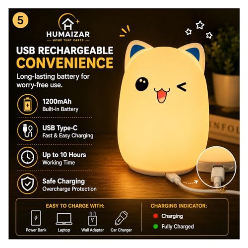 Image of HUMAIZAR Silicone LED Night Light for Kids, Soft Touch Animal Bedside Lamp for Bedroom & Nursery, Rechargeable Cute Night Lamp (Winking CAT)