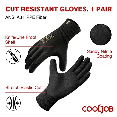 Cooljob A3 Cut Resistant Fishing Gloves For Men, Rubber Coated Breathable Safety Work Gloves Small, Knife Proof Hppe And Anti-Slip Nitrile Grip, Dexterous Gloves For Glass Wood Kitchen Work, Black #TOP1