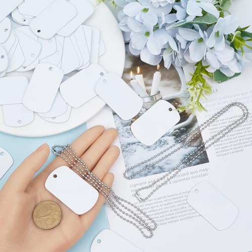 SOFPLATE 1 Box 45Pcs Sublimation Dog Tags Blanks Bulk with Chain White Aluminum Stamping Blank Tag Pendants Heat Transfer Double Sides Sublimation Keychain Blanks for DIY Craft Necklace Luggage Bagge - Image 3