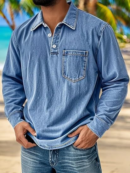Mokaloha Mens Long Sleeve Shirts, Pacificozy Men's Retro Distressed Lapel Stand Collar Pocket Casual Long-Sleeved Shirt2