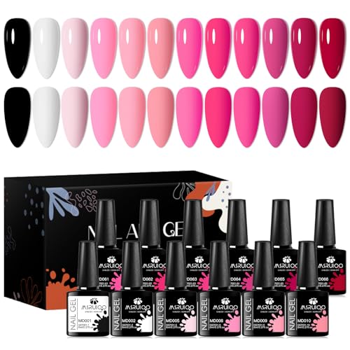 MSRUIOO Nude Pink Gel Polish 12 Colors Gel Nail Polish Set Nail Polish Light Pink Baby Pink White Black Nail Art Design Manicure Kit Gifts for Women 8ml