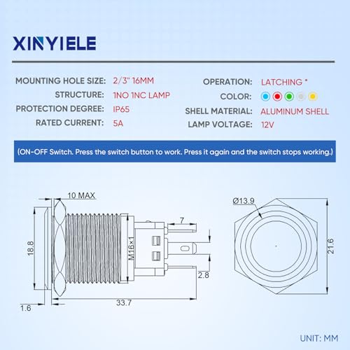 Xinyiele XINYI-BLU 16Mm Latching 12V Push Button Switch thumb #1