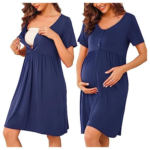 Bresdk Camisón de Lactante con Botones Hospital Manga Corta Camisones de Maternidad Camisón de Enfermera Algodón Ropa de Dormir para Premamá Verano Azul S