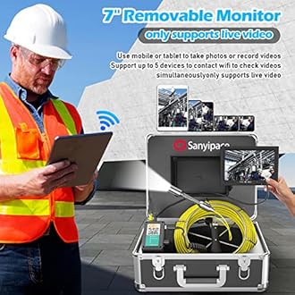 Sanyipace Sewer Camera 65FT/20M with WiFi Wireless Transmission, Drain Camera with Lights, Pipe Sewer Scope Inspection Camera with IP68 Waterproof Camera Probe, 7" Color Screen, Camera Guide Wheel