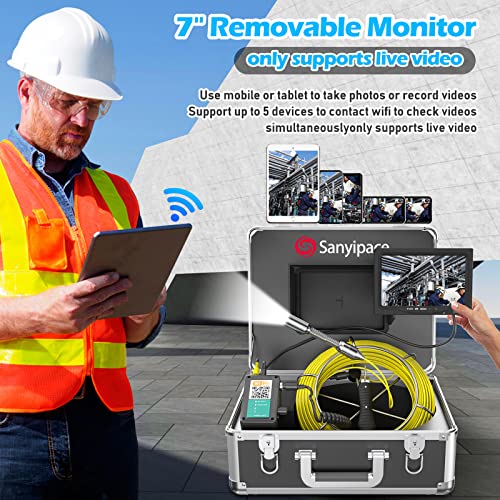 Sanyipace Sewer Camera 65FT/20M with WiFi Wireless Transmission, Drain Camera with Lights, Pipe Sewer Scope Inspection Camera with IP68 Waterproof Camera Probe, 7" Color Screen, Camera Guide Wheel