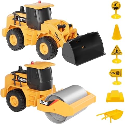 GizmoVine 2 Pieces Construction Machinery Toy, Bulldozer Road Roller with Music and Light, Truck Model Simulation 1:32, Gift for Children 3 4 5 6 7 8 Years Old Cover