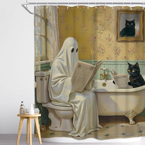 Image of Halloween Shower Curtain Funny Ghost Black Cat 60Wx72H Inch Decor
