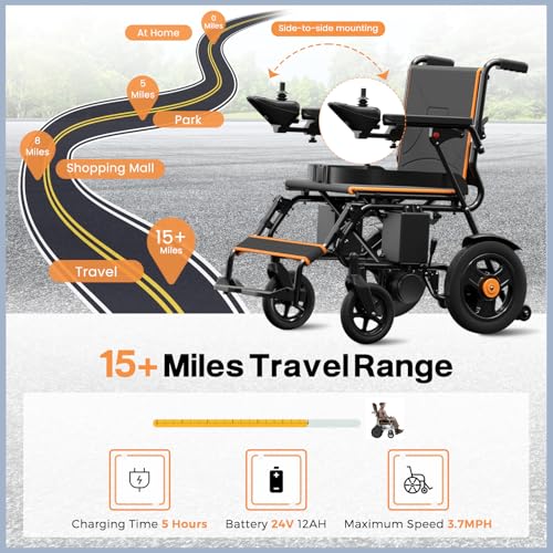 POWET Electric Wheelchairs for Adults, Intelligent Foldable Electric Wheelchair for Senior, 15 Miles Long Cruise Range Power Wheelchair, All Terrain Motorized Wheelchair with Powerful Motor (Orange)