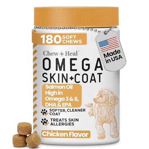 Omega 3 for Dogs - 180 Soft Chew Omega Treats for Skin and Coat - Fish Oil Blend of Essential Fatty Acids, Omega 3 and 6, Vitamins, Antioxidants and Minerals - Made in USA