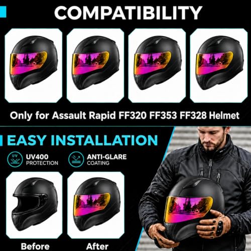 Image of PSLER Shatterproof Helmet Visor for Assault Rapid FF320 FF353,Rose Red | Impact-Resistant ,UV400 Protection, Motorcycle Tinted Face Shield for Assault Rapid FF320 FF353 FF328 ,Visor Replacement