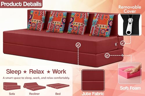 Image of Rosebell Four Seater Foldable Sofa Cum Bed (6x6 Feet) ? Jute Fabric, Washable Removable Cover, Includes Cushion | Space Saving Convertible Sofa Bed for Home, Office & Guests - Red