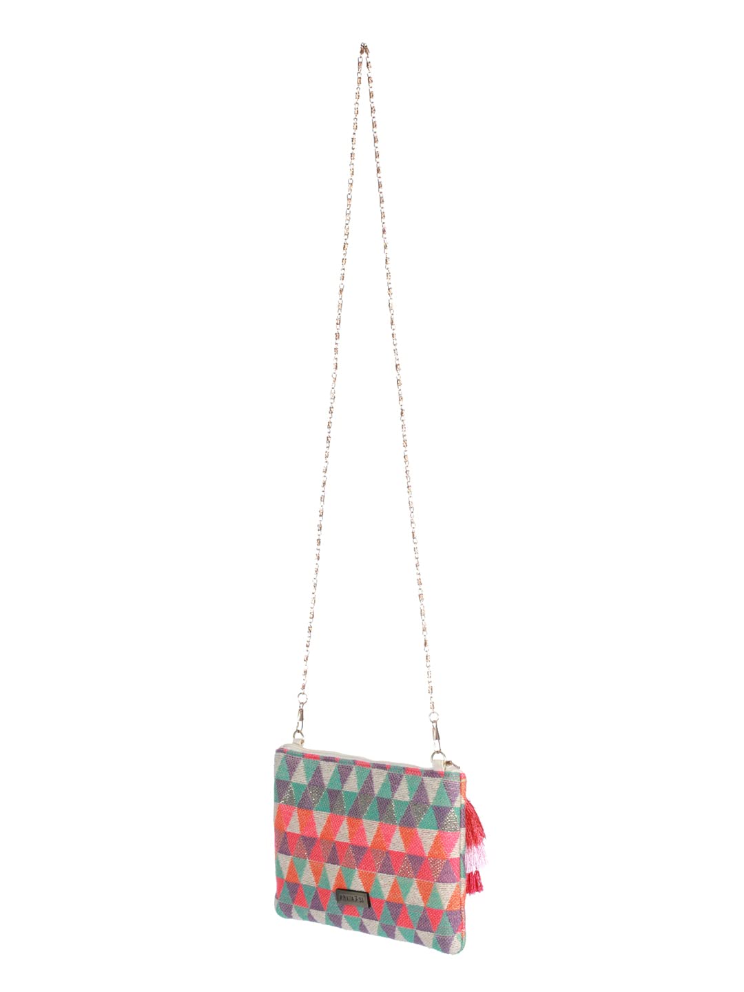 Priyaasi Multicolor Geometric Pattern Jacquard Cloth Sling Bag for Women | Stylish, Trendy, & Casual Chain Sling Bag with Zipper Closure | Detachable Strap - Image 7 thumbnail