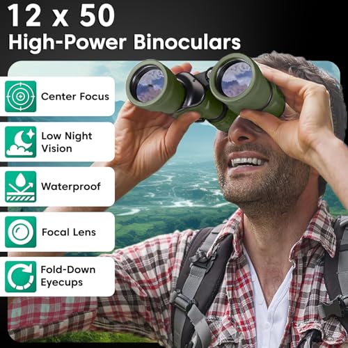 Image of Sounce 12x50 Binoculars for Long Distance | High Power HD Binocular for Adults | BAK4 Prism FMC Green Coated | Bird Watching Stargazing Wildlife Safari | Wide 24mm Eyepiece Durbin (Green)