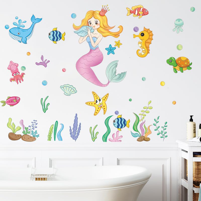 Image of Sea Mermaid Ocean Theme Wall Stickers for Kids Baby Girl Wall Stickers for Kids Room Bedroom Bathroom Playroom Nursery Living Room Decor Wall Art Nursery Kids Room Decoration Boho
