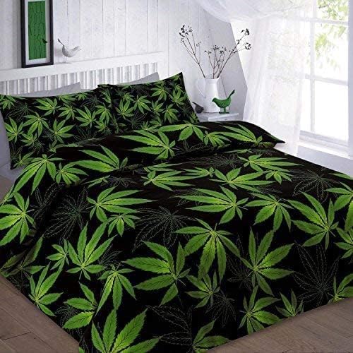 HOMES-LINEN Leaf Floral Cannabis Marijuana Duvet Cover Set – Reversible Weed Print Quilt Cover Bedding Set (Black/Green, Double)
