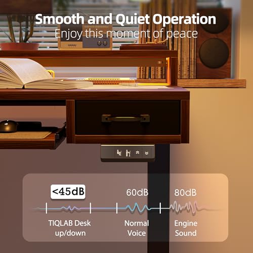 Image of TIQLAB Standing Desk with Two Drawers, Stand Up Standing Desk Adjustable Height, Electric Sit Stand Table with Storage Shelf and Splice Board, with LED Light, 55 * 28 inch, Black Walnut