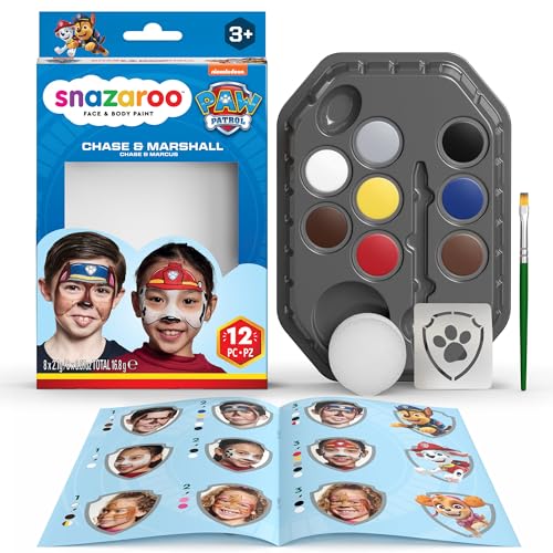 Snazaroo Kit de Maquilhagem Patrulha Canina Chase & Marshall - Aguarelas para Crianças e Adultos, 8 Cores, 1 Plantilha, 1 Pincel, 1 Esponja, 1 Guia, Base de Água, Maquilhagem de Pintura Facial