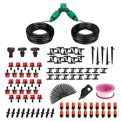 CYEVA 100ft Drip Irrigation Kit with 40Pcs Adjustable Emitters, 2 Different Sprinkler Types, Water-Saving DIY Sprinkler System for Vegetable Garden, Lawn, Pot Plants, Rain Barrel Kit