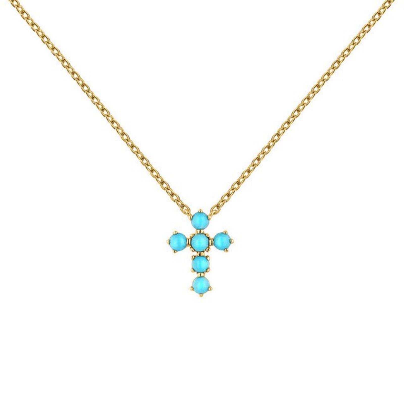 HPIP 925 Sterling Silver Gold Turquoise Zircon Charm Cross Choker Necklace Long Chain Jewelry For Wedding Gift
